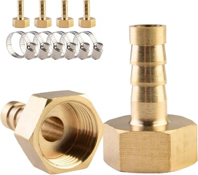 Verbindingselement voor slangen, 6 x 8 mm aansluiting met 3/8" vrouwelijke schroefdraad, inclusief 6 slangklemmen, ideaal voor gas, water en brandstof toepassingen.
