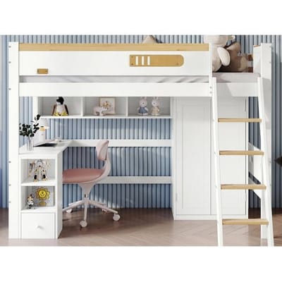 ModernLuxe Houten hoogslaper - 90x200 cm - met planken, bureau en kledingkast - Wit