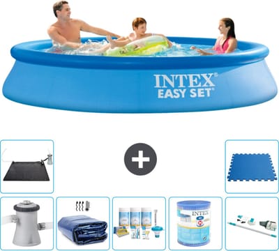 Intex Rond Opblaasbaar Easy Set Zwembad - 305 x 61 cm - Blauw - Inclusief Pomp - Solarzeil - Onderhoudspakket - Filter - Stofzuiger - Solar Mat - Vloertegels - 8-delig