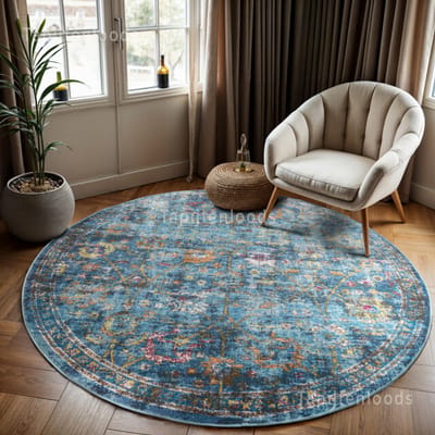 Muratap Picasso sarough vintage rond vloerkleed blauw laagpolig- 200 cm