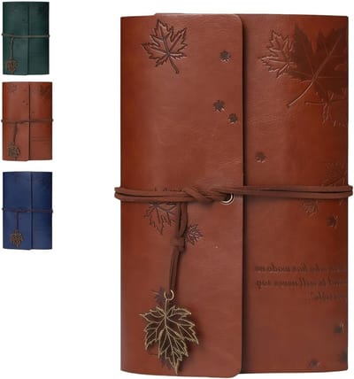 Vintage A6 Notitieboek van Leer met Gegraveerd Esdoornblad, Navulbaar met Kraftpapier, Perfect voor Reizen, Schetsen en Notities