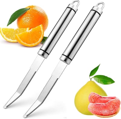 Dailygoods- Grapefruitmes Professioneel - 2 Stuks - Roestvrij Staal - Dubbel Gekartelde Rand - Gebogen Uiteinde - Keukengerei - Citrusschiller