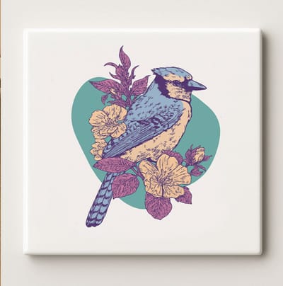 Blauwe Vogel met Bloemen Tegel 15x15cm – Elegante Natuur Geïnspireerde Keramische Wandtegel, Prachtige Kunstdecoratie voor Woonkamer, Keuken of Tuin