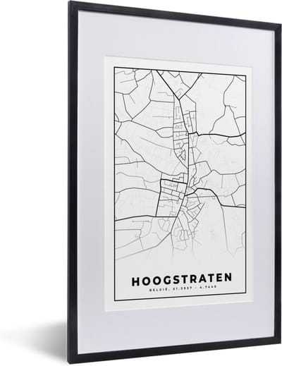 Fotolijst incl. Poster Zwart Wit- België – Hoogstraten – Stadskaart – Kaart – Zwart Wit – Plattegrond - 40x60 cm - Posterlijst