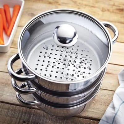 Roestvrijstalen 3-laags stoomboot 24 cm met geventileerd glazen deksel - Geschikt voor inductie en oven