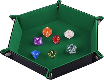 Dubbele Zijdige Dobbelsteen Schaal, Vouwbare Hexagon PU Leer en Donkergroene Dobbelplaat voor Dungeons and Dragons, Bordspellen en RPG Games