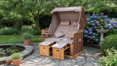 Strandstoel 2-Persoons met Verstelbare Rugleuning & Zonnedak – Luxe Strandkorb met Tafeltjes, Voetensteunen & Kussens – Outdoor Rattan Lounge Stoel Tuin/Balkon – Licht Coffee – abtkantoor