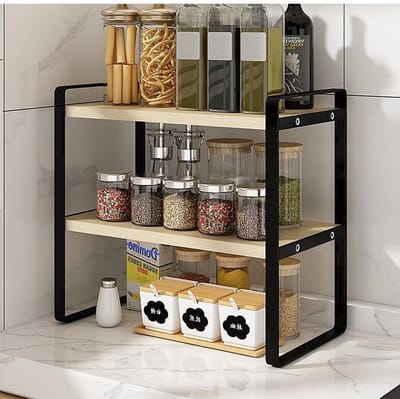 Multi-laags Potrek voor Keuken, Kruidenset, Opbergoplossing voor Elektrische Rijstkoker en Borden, Multifunctionele Opbergrek voor Bureau en Boekenkast (Zwart + Houtkleur, 2 Verdiepingen)