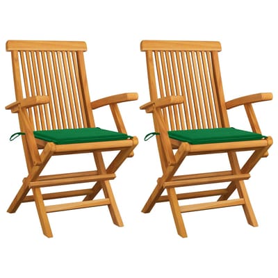 vidaXL - Opklapbare - stoelen - met - groene - kussens, - 2 - stuks, - massief - teakhout