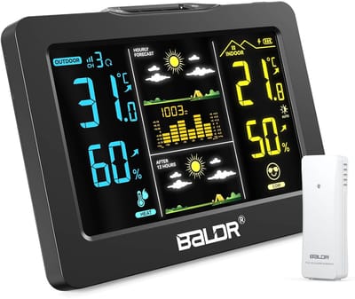 Weerstation Draasloos Binnen/Buiten - Draadloos Weerstation met Buitensensor - Digitale Kleurenweergave - Thermometer en Hygrometer - 1 Uur en 12 Uur Voorspelling - Voor Thuisgebruik