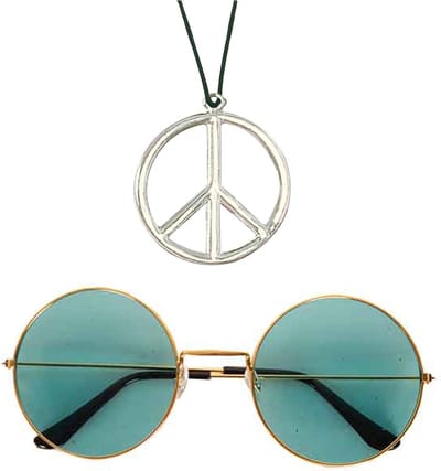 Widmann - Hippie Flower Power verkleed set - peace ketting - en ronde groene glazen party bril - carnaval