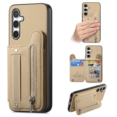 Telefoonhoesje geschikt voor Samsung Galaxy A57 5G - khaki/beige - hoesje met rits en pasjeshouder - portemonnee wallet back case hoesje met rits - telefoonhoesje - back case