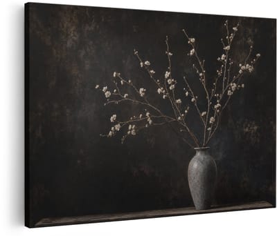 Artaza Canvas Schilderij Vaas Met Takken - Donker Stilleven - 60x40 cm - Wanddecoratie Woonkamer - Schilderijen - Muurdecoratie