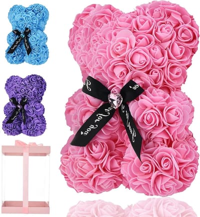 Rozenbeer Cadeau - Bloemenbeer Decoratie - Romantisch Gebaar - Handgemaakt met Diamanten - 10 Inch Hoog - Roze