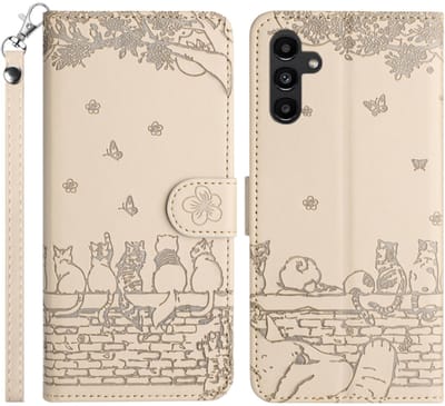 BookCover Hoes Etui geschikt voor Samsung Galaxy A56 - A36 - A37 - Beige - Katten op Muurtje - Reliëf