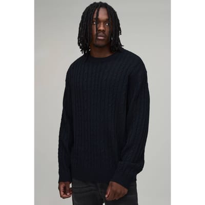 Tall Relaxed Fit Cable Knitted Jumper | Black | Size Small