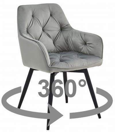 Stoel JORK 360 - Zilvergrijs Velvet - Zwarte Metaalpoten - Luxe Eetkamerstoel - Fauteuil - Met Armleuning - 360° Draaibaar - Modern Design - Elegant en Comfortabel voor Woonkamer, Keuken of Eetkamer - Max. 110 kg