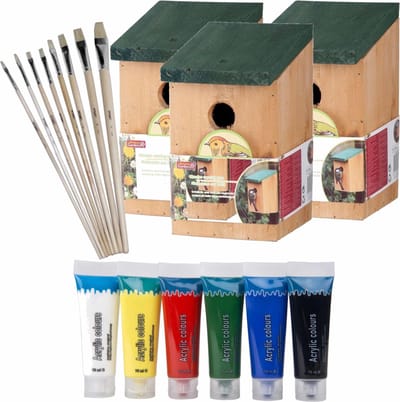 3x stuks vogelhuisjes/nestkastjes 22 cm - Zelf schilderen pakket - verf/kwasten - Kinder feestje/verjaardag activiteiten
