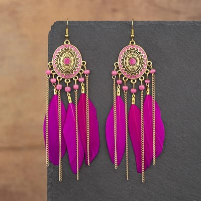 Etnische Kleurrijke Veer Kwast Oorbellen Voor Vrouwen Lange Ketting Kralen Druppel Hangende Oorbellen Meisjes Vintage Sieraden Accessoires purple