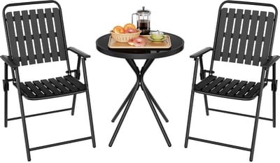 ITRONIQ Balkonset 3-Delig Zwart – Bistroset Met 2 Opvouwbare Tuinstoelen en Ronde Tafel 60 CM – Tuinset Voor Balkon en Terras