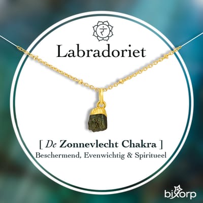 Bixorp Labradoriet Chakra Ketting - Goud Vergulden Roestvrij Staal - Ruwe Edelsteen Hanger - 36cm + 8cm verstelbaar