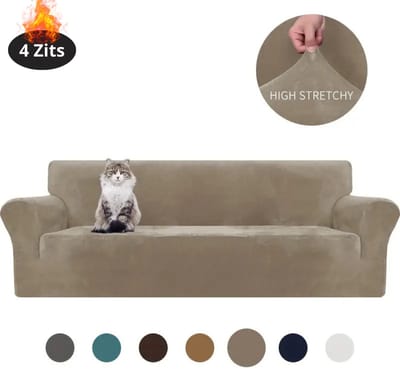 Livano Bankhoes - Bankbeschermer - Stretch - Sofa Cover - Fluweel - Khaki - 4 Zits