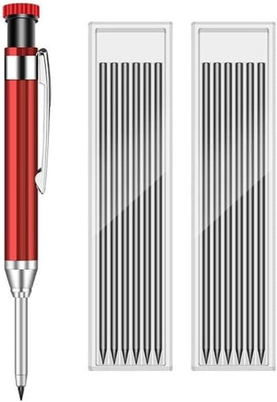 Diepe Marker Set - Bouw Potloden - Precisie Markeren - Ingebouwde Puntenslijper - 12 Stuks Vulling - Rood