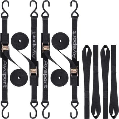 Spanbanden 244 cm met cam-klemsluiting en 610 kg breekkracht, beveiligingsriemen met S-haken voor motorfiets, kajak, auto, truck en crossmotor