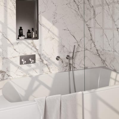 Brauer Brushed Edition Thermostatische Inbouw Badkraan Drukknoppen - Uitloop - Staaf - Doucheslang - Wandaansluitbocht - Handdouche - Rvs Geborsteld Pvd