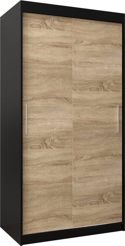 InspireMe - Kledingkast met 2 schuifdeuren, Modern-stijl, Kledingkast met planken (BxHxD): 100x200x62 - TORM 100 Zwart Mat + Sonoma Eik