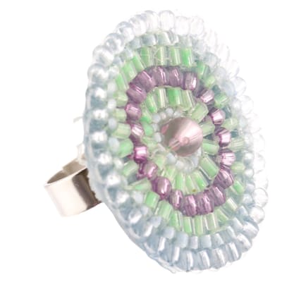 Behave - Ring - Handgemaakte verstelbare ring met blauwe, paarse en groene kralen – Boho-chic
