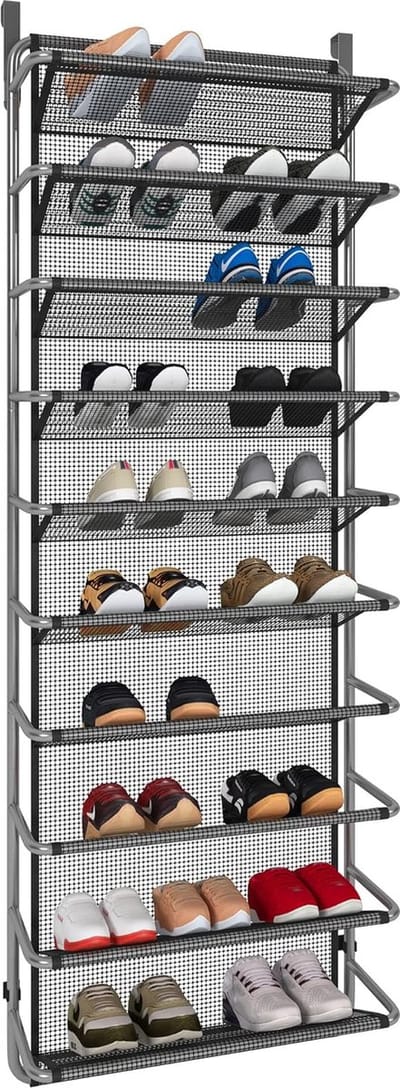 Schoenenrek over de deur met 10 niveaus, hangende schoenenkast, metalen schoenenorganizer voor eetkamer, grijs, 55 x 19,5 x 159 cm