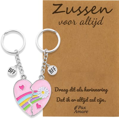 BFF Sleutelhanger voor 2 'Zussen voor altijd' - Roze Hartje met Bloem - Sleutelhanger set op Cadeau Kaartje Sleutelhanger set - Zilverkleurig - Vriendschap Symbool - Pax Amare