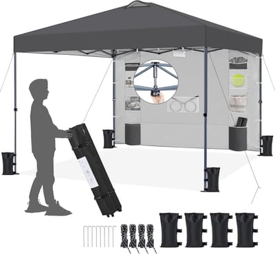 Pop-up paviljoen, 3 x 3 m, vouwpaviljoen met 1 zijwand en opbergvakken, in hoogte verstelbaar, partytent, waterdicht, stabiel, winterbestendig, donkergrijs, 3 x 3 m