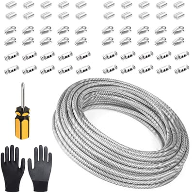 3 mm roestvrijstalen staalkabelset, 100 m staalkabelset, met knikhuls, draadkabel voor het ophangen van buitenlampen, rankhulp set voor gordijntouw, waslijn, klimplanten