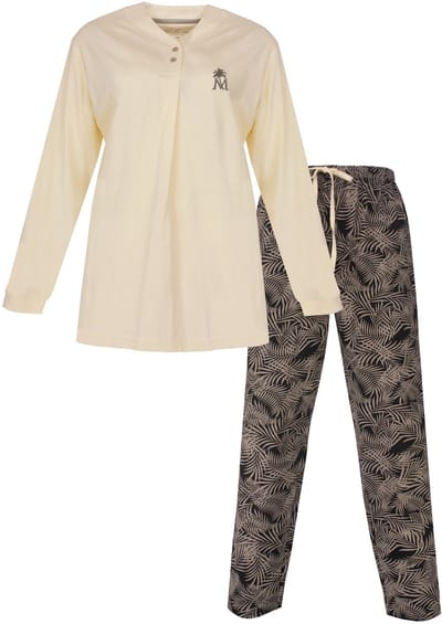Medaillon Dames Pyjama - Lange Mouwen - Knoopsluiting - Lichtgeel- Maat S