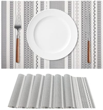Set van 6 placemats - Luxe Tafeldecoratie - Antislipmat tegen verbranding - Vlekbestendige onderlegger - Modieuze placemats - Lichtgrijs met zilveren strepen - wasbare - geweven - PVC- 45x30cm