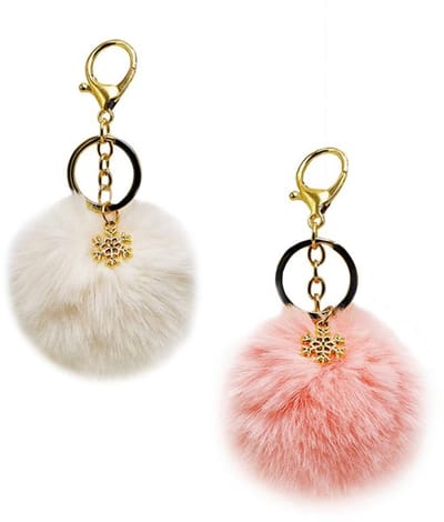 Set van 2 Pluche Pompon Sleutelhangers in Wit en Koreaans Roze