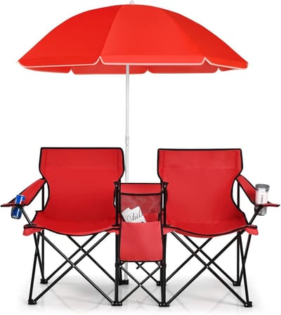 Jently campingstoel - strandstoel - kampeerstoel - strandzetel - 2 zits - opvouwbaar - parasol/koeltas/bekerhouder/zijtas - rood