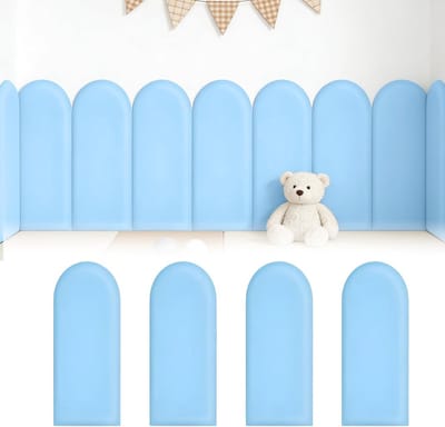 Set van 4 Zelfklevende 3D Wandpanelen, Waterdicht en Gevoerd, Ideaal als Bedhoofdeinde en Bescherming voor Kinderkamer, Hemelsblauw