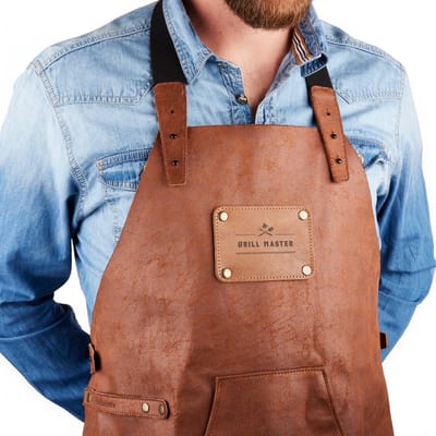 Leren Schort met tekst "Grill Master" - Gerecycled leer - Lichtbruin - Duurzaam vervaardigd van leerresten - Barbecue schort - One size