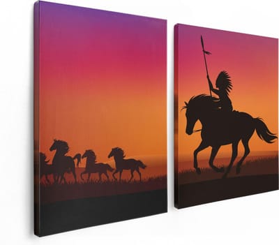 Artaza Canvas Schilderij Tweeluik Silhouet van een Indiaan op een Paard - 120x80 - Foto Op Canvas - Canvas Print