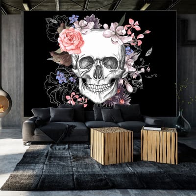 98cm X 70cm - Zelfklevend fotobehang - Schedel en bloemen, 8 maten, premium print