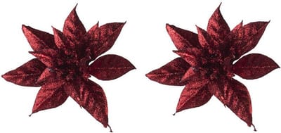 2x Kerstboomversiering op clip bordeaux/donkerrode glitter bloemen 8 cm- kerstboom decoratie - Donkerrode kerstversieringen