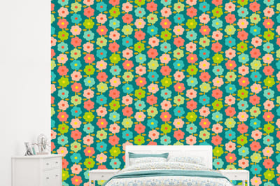 Behang - Fotobehang Patroon - Bloemen - Retro - Jaren 70 - Breedte 245 cm x hoogte 220 cm