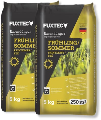 FUXTEC voorjaars-/zomergazonmeststof FX-RDFS20, stikstofrijke korrels voor een gelijkmatige groei van het gazon, 20 kg bereik ca. 500m², langdurig effect
