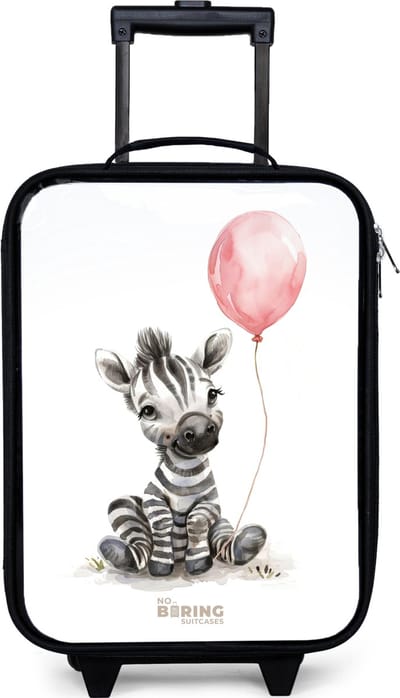 NoBoringSuitcases.com® - Kinderkoffer jongen - Kindertrolley meisje - Zebra met roze ballon - Koffer kind lichtgewicht - Reiskoffer trolley voor kinderen - Koffertje met lichtgevende wieltjes - Rolkoffer zwart