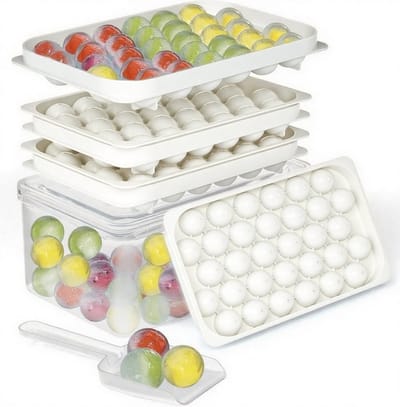 BOTC Ijsblokjesvorm met Opbergdozen en scheppen - Set van 3 stuks - 99 ijsblokjes - 28x16.5x11.5cm - Met deksel - BPA Vrij - Wit