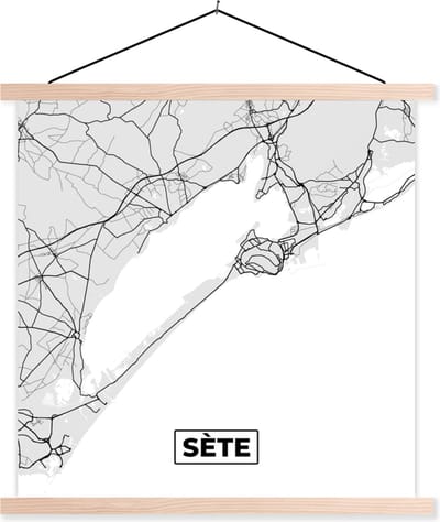 Posterhanger incl. Poster 40x40 cm - Schoolplaat - Sète - Frankrijk - Plattegrond - Kaart - Stadskaart - Textielposter - Blanke latten - Stadskaart