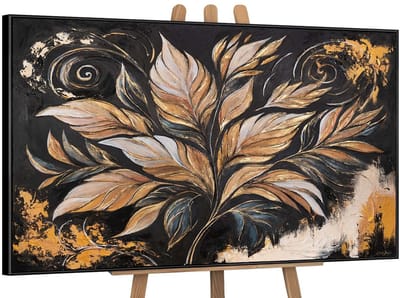 Canvas schilderij handgeschilderd golden leaves abstract – YS-Art Gallery – Luxe wanddecoratie voor woonkamer – Modern schilderij voor slaapkamer en hal